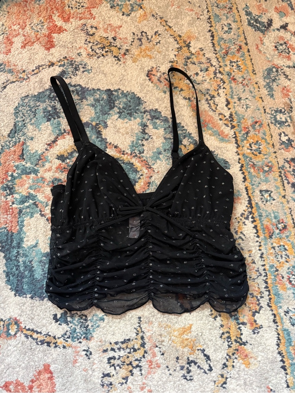 Colsie Sheer Black Polka Dot Ruched Crop Cami